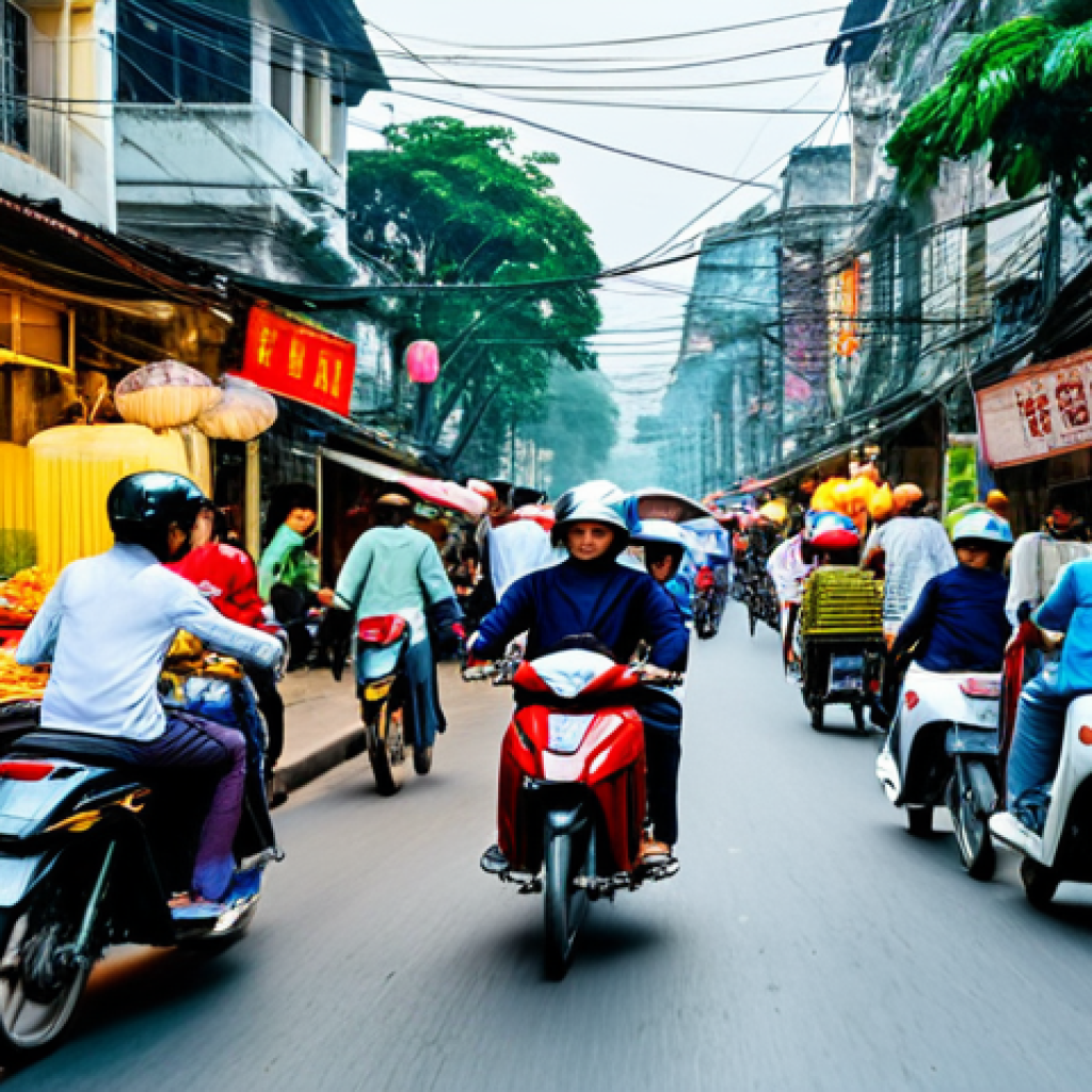 **
A bustling street scene in Hanoi, Vietnam, during the day. Motorbikes weave through the crowded streets, vendors sell street food from colorful carts, and traditional Vietnamese architecture lines the background. Everyone is fully clothed in appropriate attire. Capture the vibrant energy and atmosphere of daily life in Hanoi. Safe for work, appropriate content, family-friendly, perfect anatomy, natural pose, high quality.
**