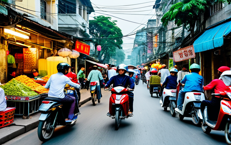 **
A bustling street scene in Hanoi, Vietnam, during the day. Motorbikes weave through the crowded streets, vendors sell street food from colorful carts, and traditional Vietnamese architecture lines the background. Everyone is fully clothed in appropriate attire. Capture the vibrant energy and atmosphere of daily life in Hanoi. Safe for work, appropriate content, family-friendly, perfect anatomy, natural pose, high quality.
**