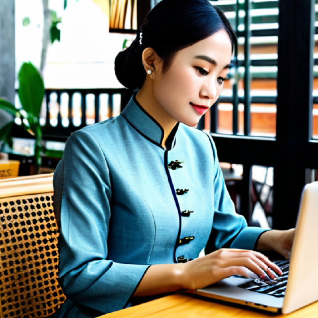 **
A professional businesswoman in a stylish Ao Dai, fully clothed in modest traditional attire, working on a laptop at a modern cafe in Ho Chi Minh City, appropriate content, safe for work, perfect anatomy, natural proportions, professional digital art, high quality.
**