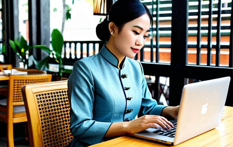 **
A professional businesswoman in a stylish Ao Dai, fully clothed in modest traditional attire, working on a laptop at a modern cafe in Ho Chi Minh City, appropriate content, safe for work, perfect anatomy, natural proportions, professional digital art, high quality.
**