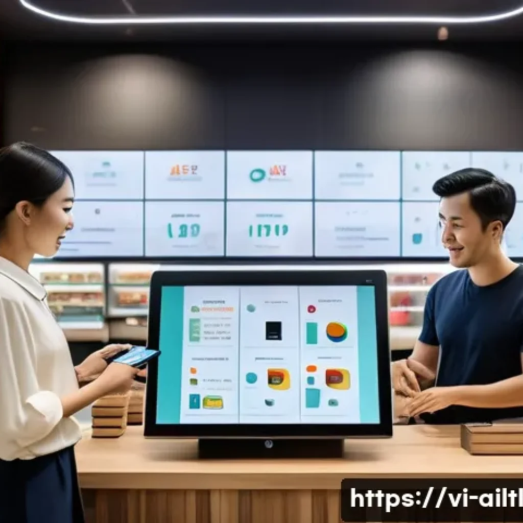 감정 인식 AI와 고객 피드백 활용 - A modern Vietnamese retail store interior bustling with diverse customers using AI-powered devices f...