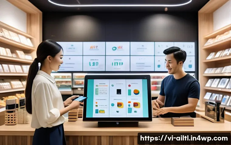 감정 인식 AI와 고객 피드백 활용 - A modern Vietnamese retail store interior bustling with diverse customers using AI-powered devices f...