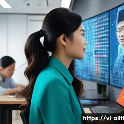 Home 33 감정 인식 AI의 정책적 접근 - A modern Vietnamese urban office scene with diverse professionals collaborating on ethical AI develo...