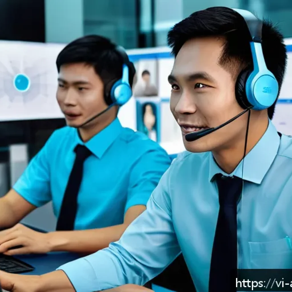 감정 인식 AI의 다국적 기업 사례 - A modern customer service center in Ho Chi Minh City, featuring a diverse team of Vietnamese agents ...