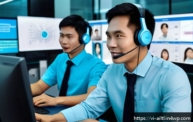 감정 인식 AI의 다국적 기업 사례 - A modern customer service center in Ho Chi Minh City, featuring a diverse team of Vietnamese agents ...