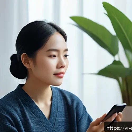 Home 30 감정 인식 AI의 연구 동향 - A modern Vietnamese woman using a smartphone app that analyzes her facial expressions and voice tone...