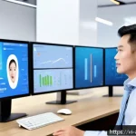 Home 23 감정 인식 AI의 장비 및 인프라 - A modern Vietnamese customer service center with diverse staff wearing smart casual attire, interact...